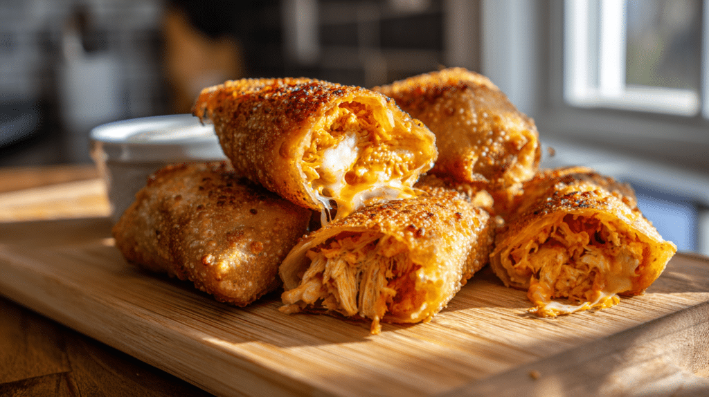 Crispy air fryer buffalo chicken egg rolls with spicy filling and golden wrapper
