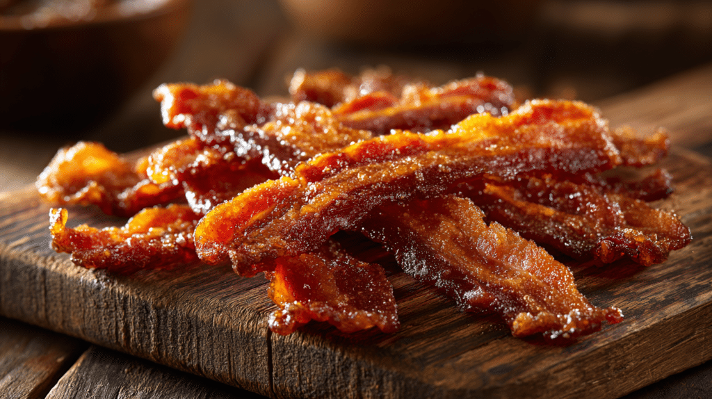 Air fryer candied bacon with caramelized sugar coating and crispy edges.