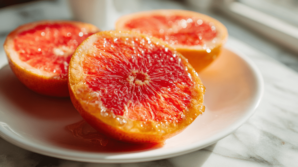 Air fryer caramelized grapefruit with golden sugar topping and vibrant citrus flesh.