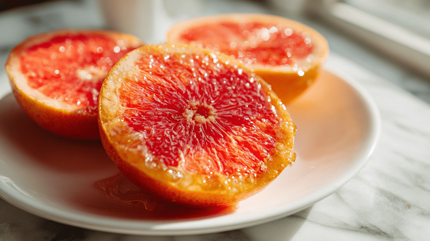 Air fryer caramelized grapefruit with golden sugar topping and vibrant citrus flesh.