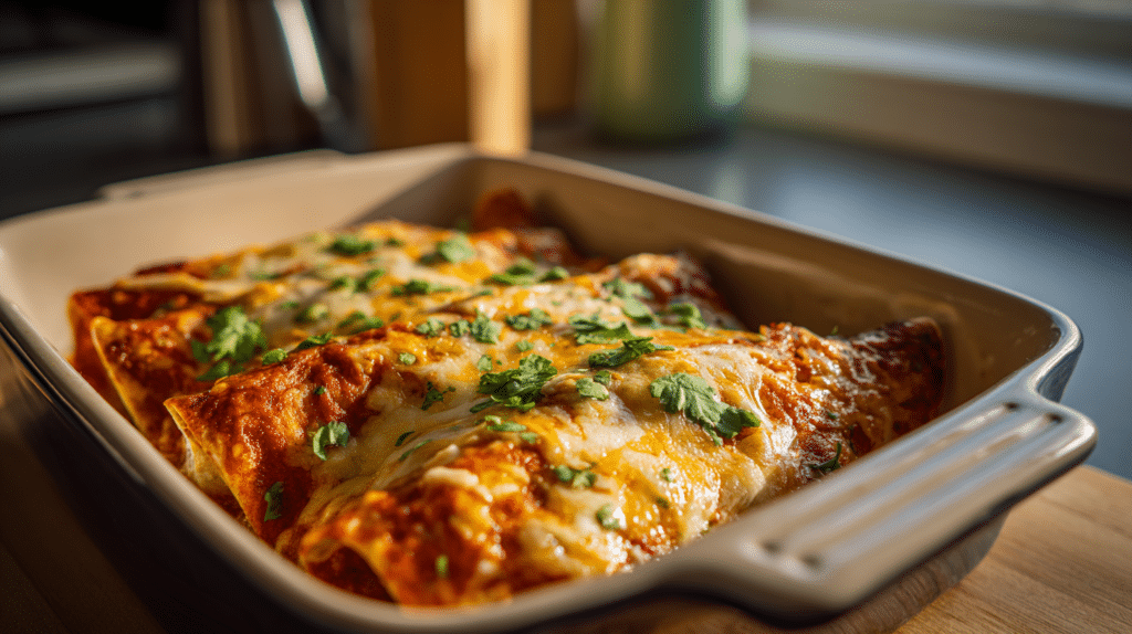 Air fryer chicken enchiladas with melted cheese and crispy edges in baking dish