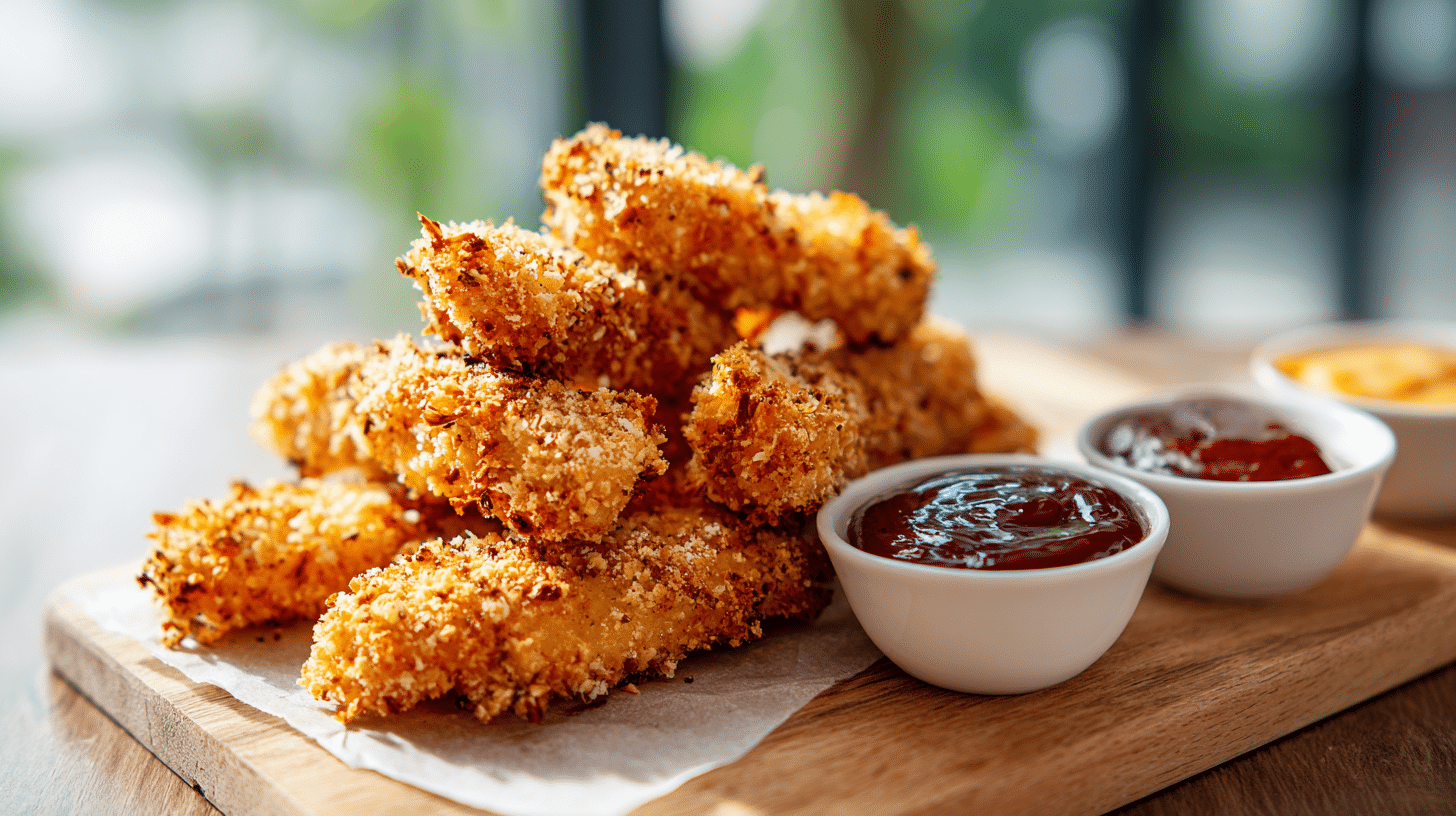 Crispy air fryer chicken fries with golden coating served with dipping sauces