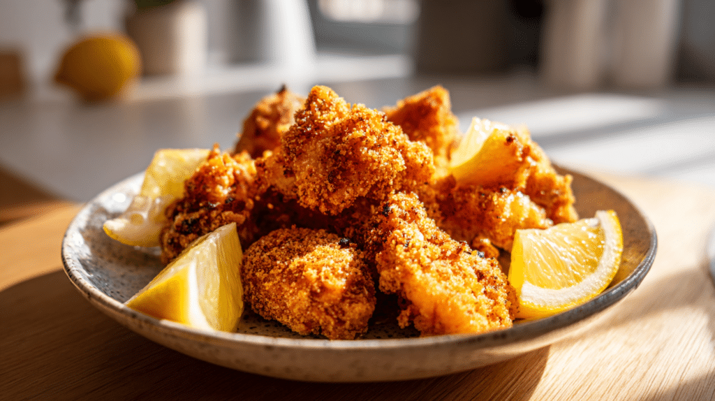 Crispy air fryer chicken karaage with golden coating and lemon wedges on plate