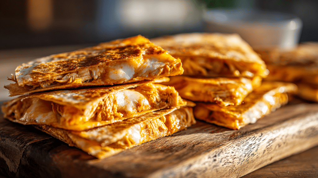 Crispy air fryer chicken quesadillas sliced with melted cheese and golden tortillas on wooden board