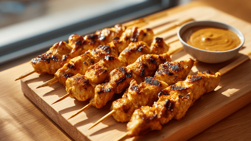 Air fryer chicken satay skewers with golden char and peanut sauce on wooden board
