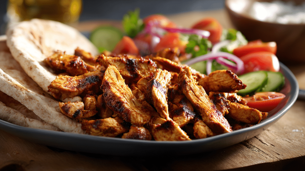 Air fryer chicken shawarma sliced with caramelized edges served with flatbread and vegetables