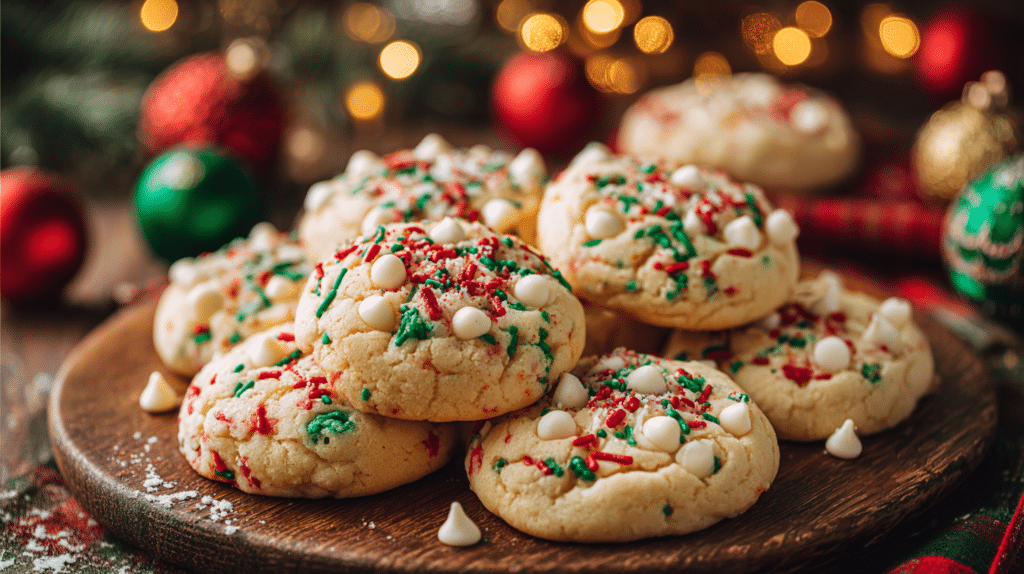 Air fryer Christmas cookies with colorful sprinkles and soft texture on a festive holiday table