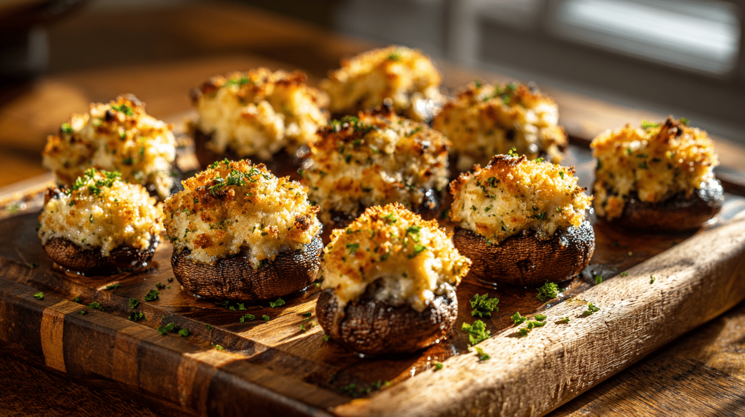 Air fryer crab stuffed mushrooms with golden crispy topping served on a rustic board in warm kitchen lighting