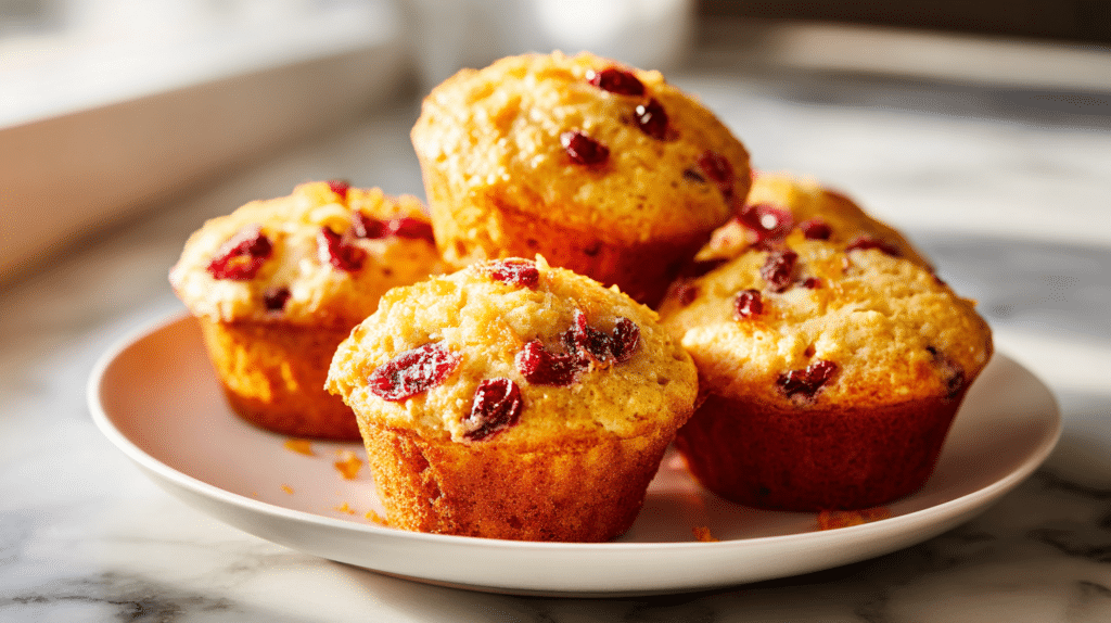 Air fryer cranberry orange muffins with golden tops and fresh cranberries.