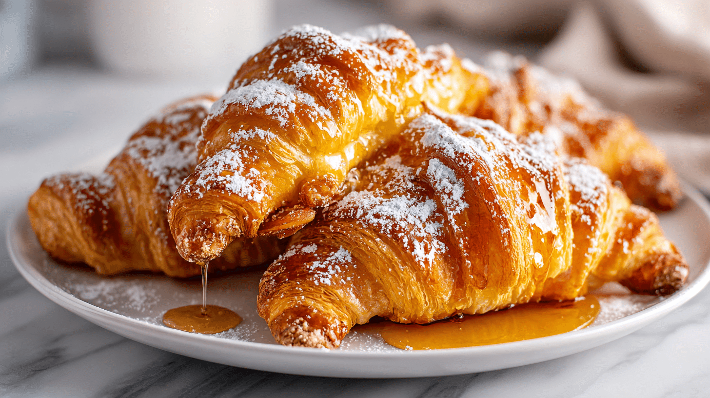 Air fryer croissant French toast with golden crispy layers and powdered sugar.