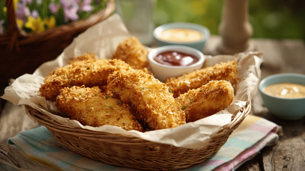 Air fryer Easter picnic chicken tenders with dipping sauces