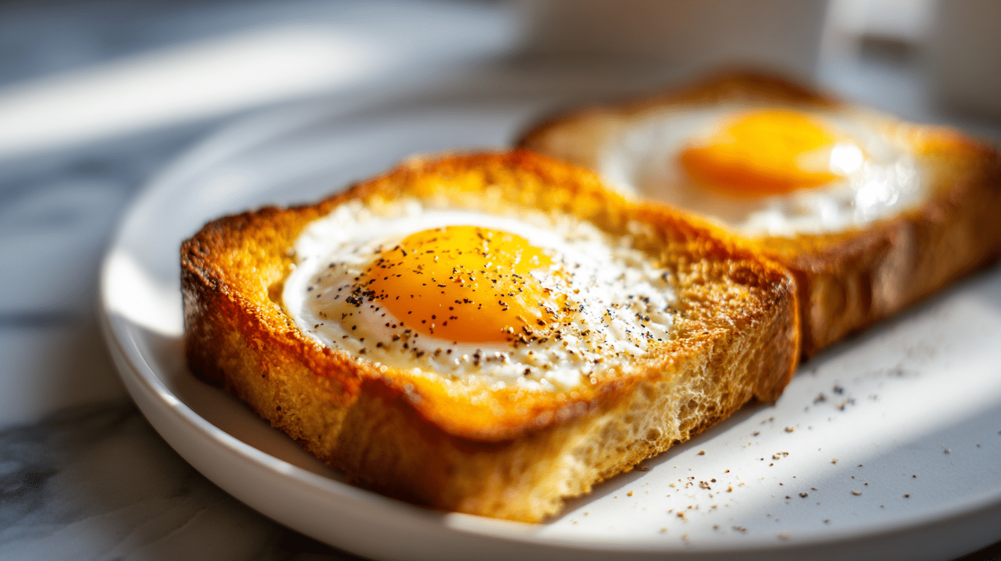 Air fryer egg in a hole with crispy toast and perfectly cooked egg center.