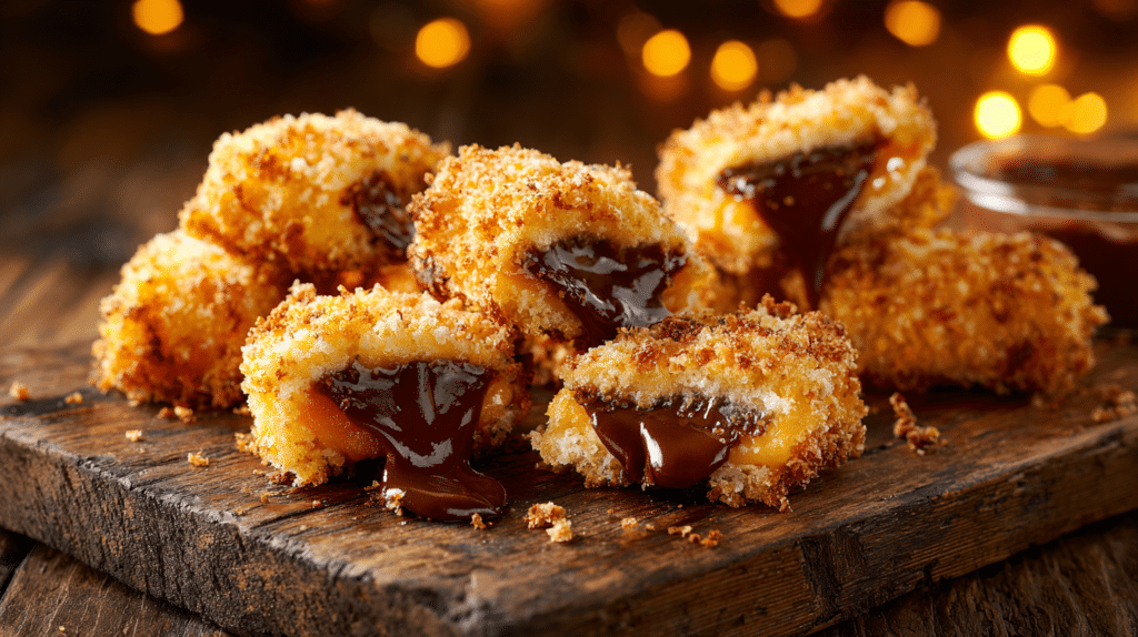 Air fryer fried Snickers with crispy golden coating and gooey chocolate caramel center on a wooden board