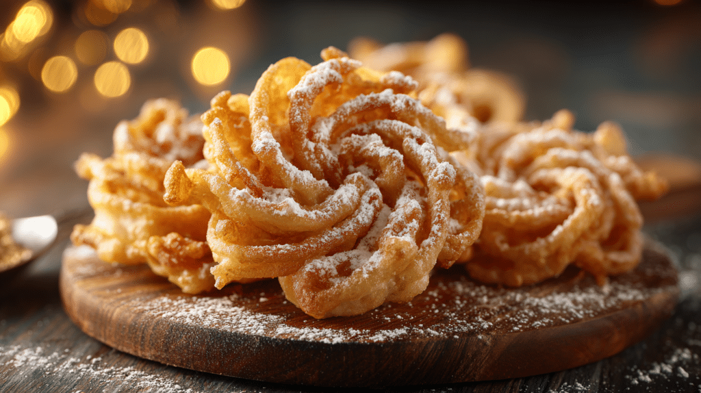 Air fryer funnel cake with crispy golden swirls and powdered sugar on a wooden board