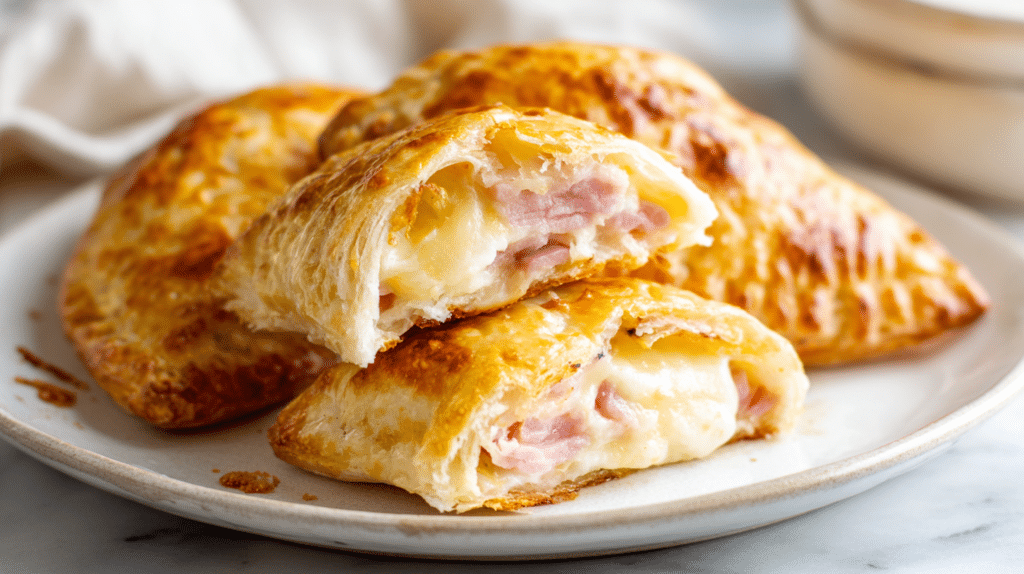 Air fryer ham and cheese breakfast pockets with golden crust.