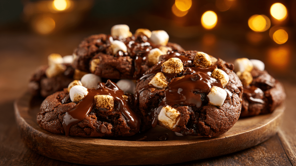 Air fryer hot chocolate cookies with gooey chocolate centers and melted marshmallows on a wooden tray