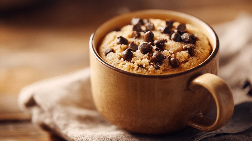 Air fryer mug cake in a ceramic mug with soft fluffy texture and chocolate chips