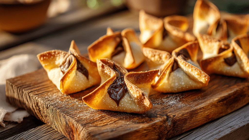 Air fryer Nutella wontons with crispy golden wrappers and gooey chocolate filling on a wooden board