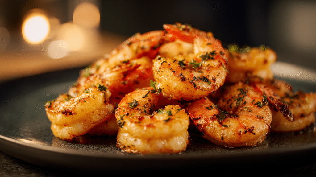 Air fryer salt and pepper shrimp with crispy coating and bold seasoning on a dark plate