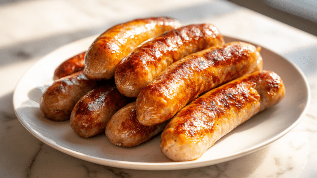 Air fryer sausage links with golden crispy exterior on breakfast plate.