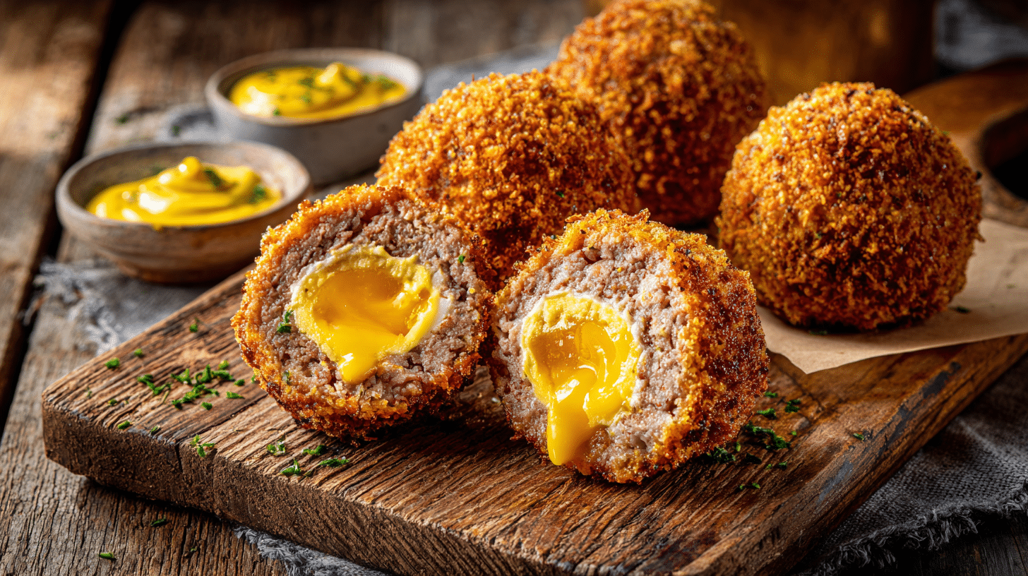 Home 2 Air fryer scotch eggs sliced with crispy sausage coating and egg center.
