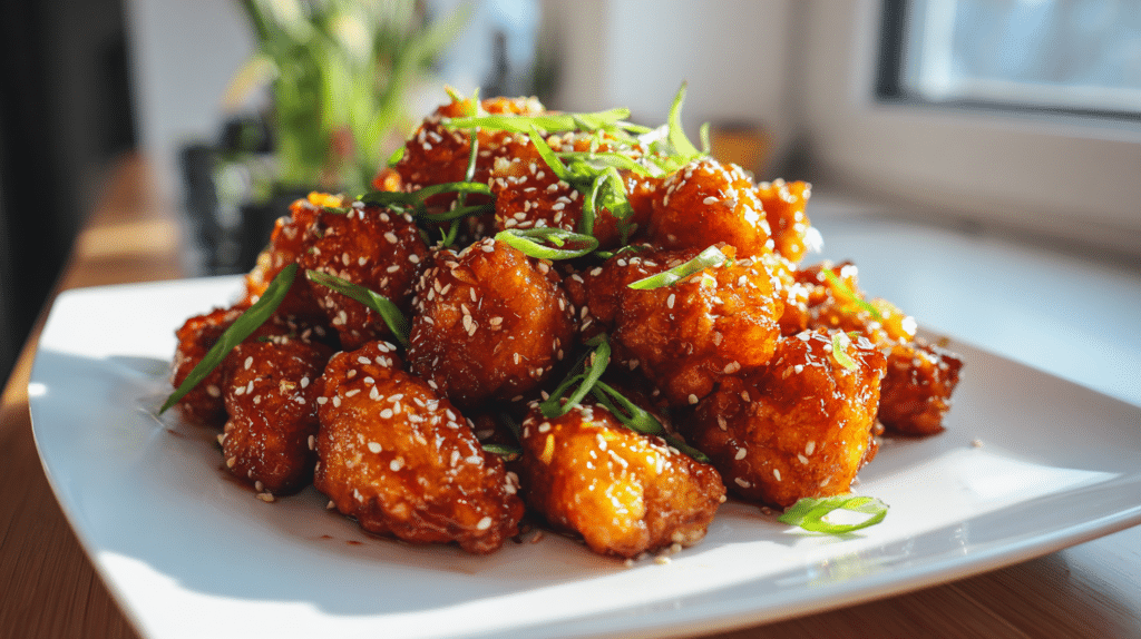 Crispy air fryer sesame chicken with glossy sauce and sesame seeds on plate