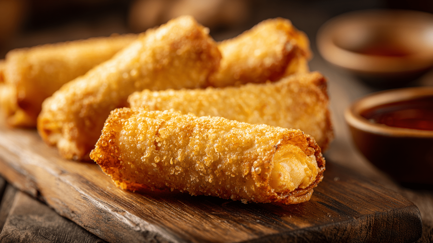 Air fryer shrimp egg rolls with crispy golden wrappers served on a tray with dipping sauce