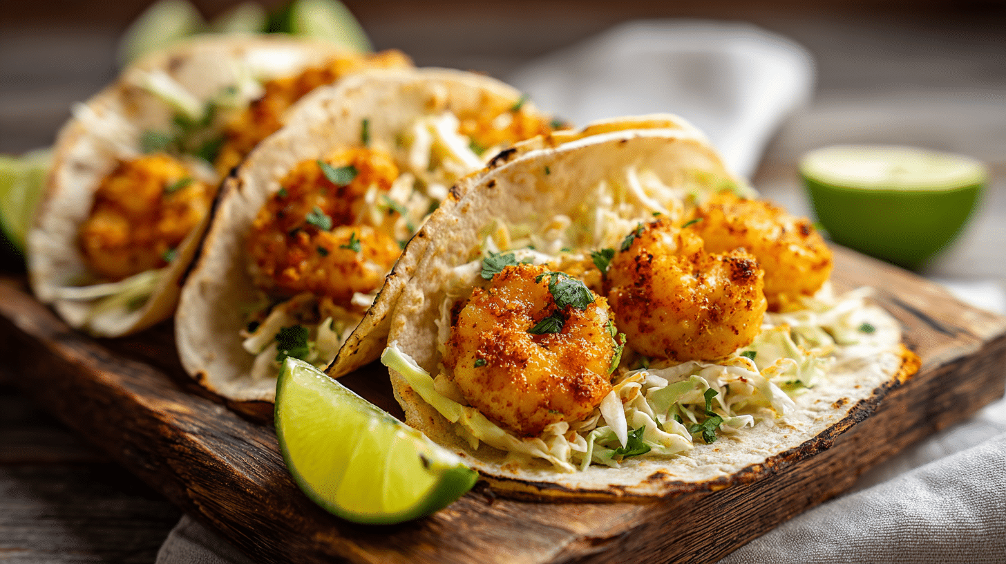 Air fryer shrimp tacos with crispy shrimp, cabbage, and lime on soft tortillas.