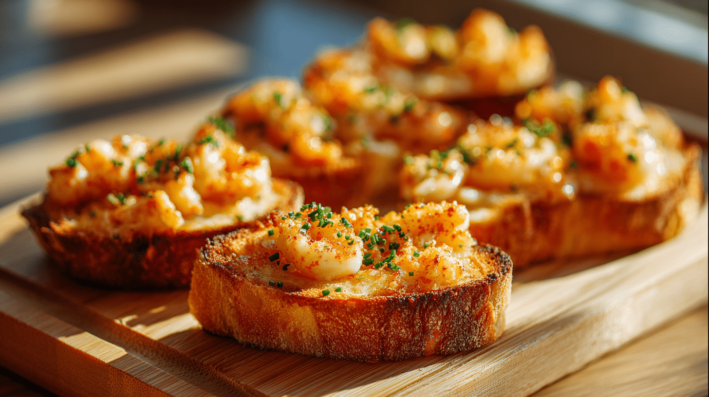 Air fryer shrimp toast with crispy golden bread and savory shrimp topping served on a wooden platter