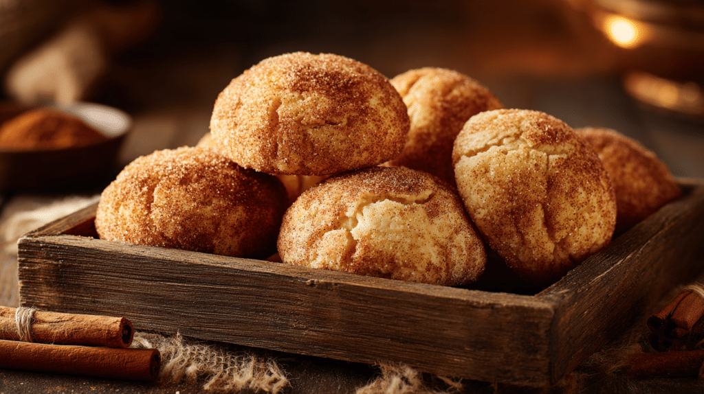 Air fryer snickerdoodles with cinnamon sugar coating and soft crackled tops on a wooden tray