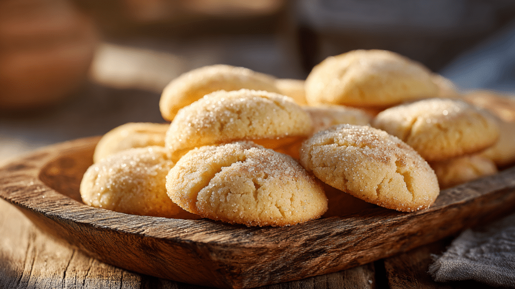 Air fryer sugar cookies with soft centers and golden edges on a wooden tray