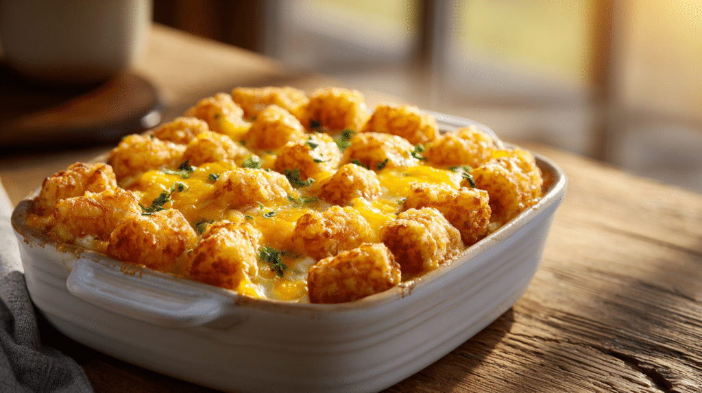 Air fryer tater tot breakfast casserole with crispy golden tots and melted cheese.