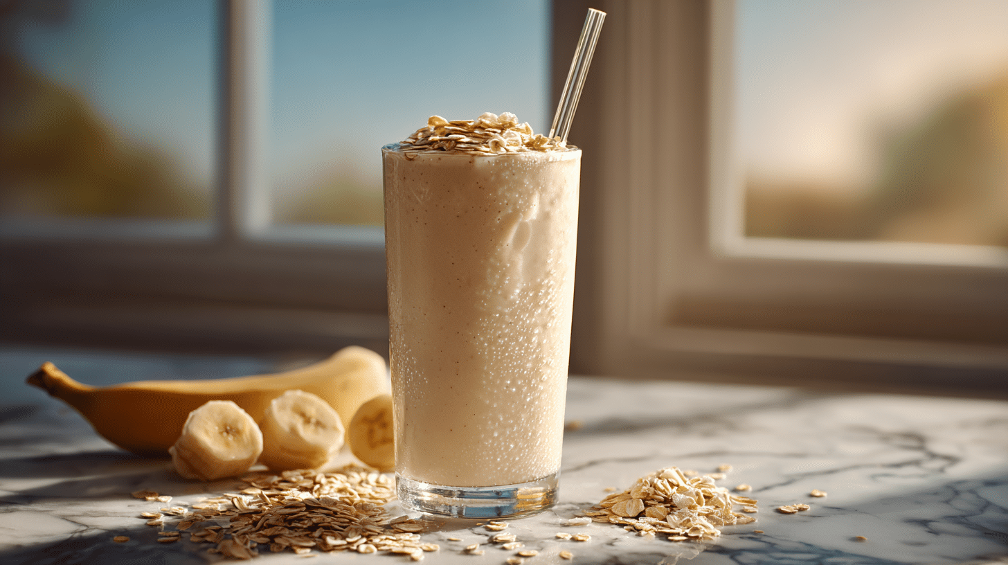 Banana oat smoothie for appetite control with banana slices and oats