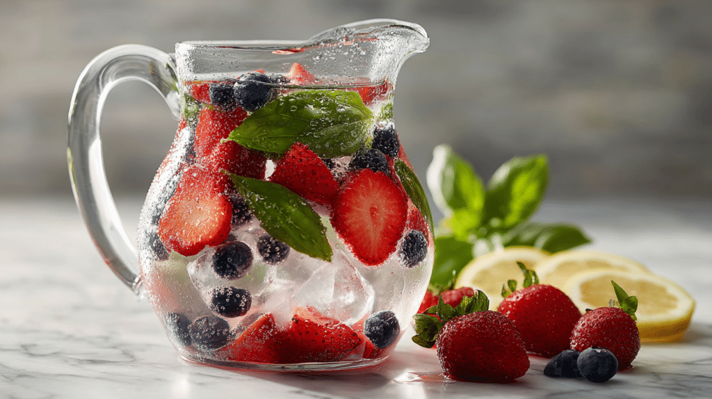 Berry basil infused water with strawberries, blueberries and basil leaves