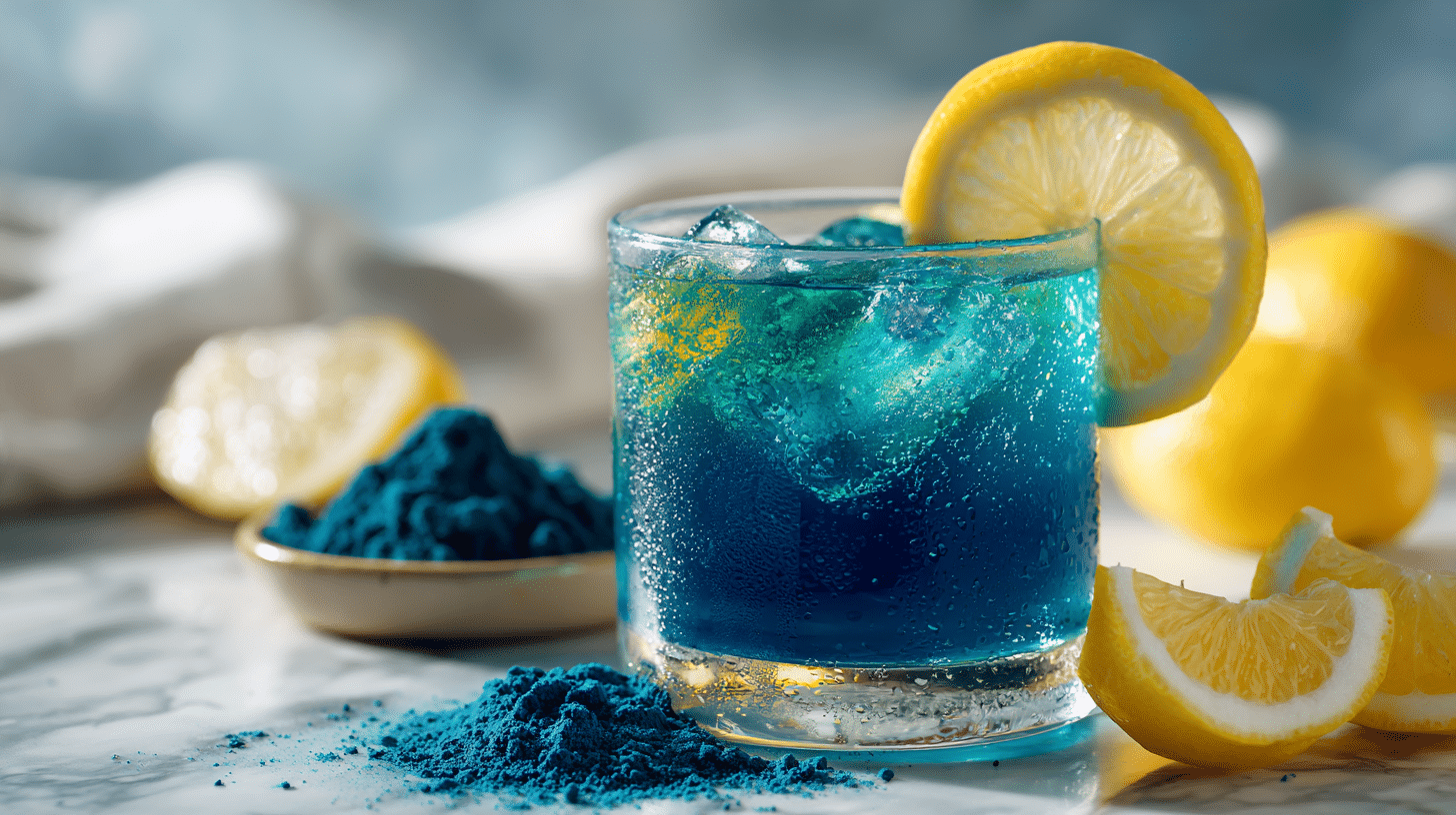 Blue spirulina metabolism drink in glass with lemon and bright blue color
