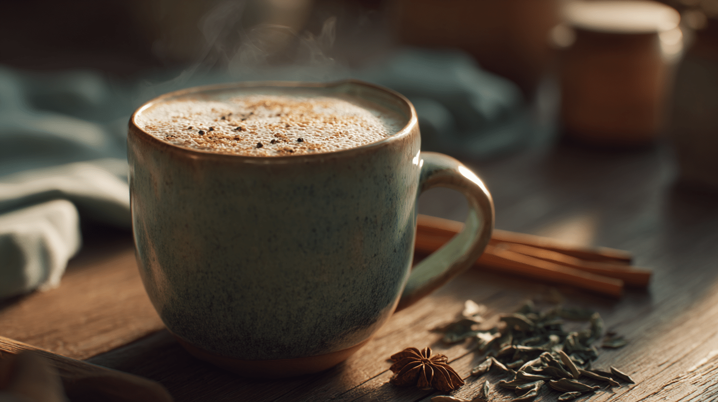 Cinnamon-spiced green tea latte in mug with cinnamon sticks