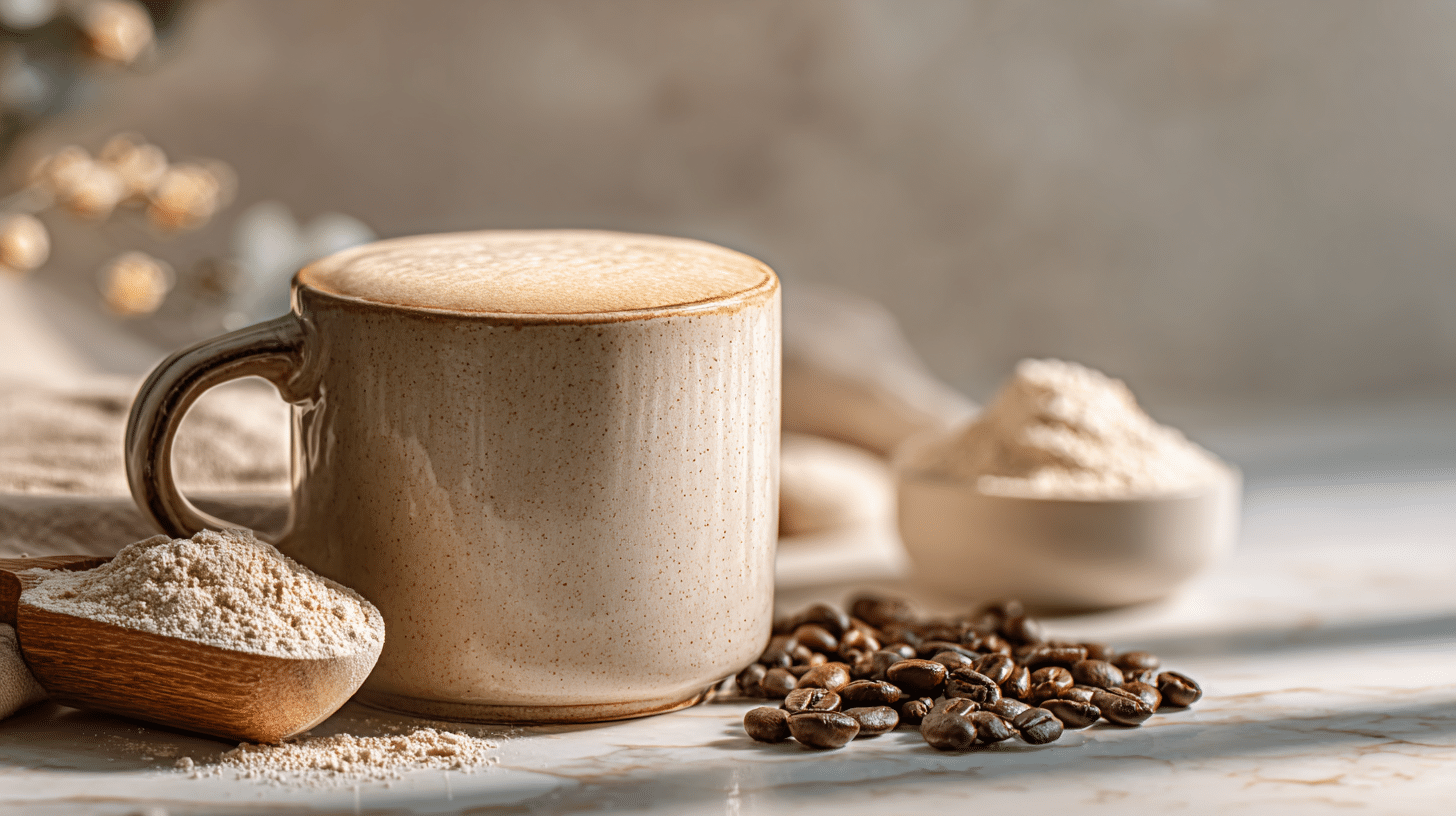 Collagen coffee for weight loss in mug with collagen powder scoop and coffee beans