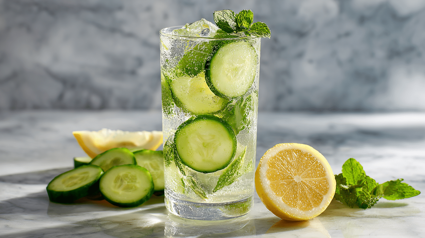 Cucumber mint fat burning drink with cucumber slices and fresh mint in glass