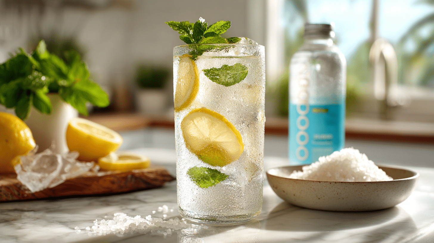 Electrolyte weight loss drink with lemon, coconut water and ice
