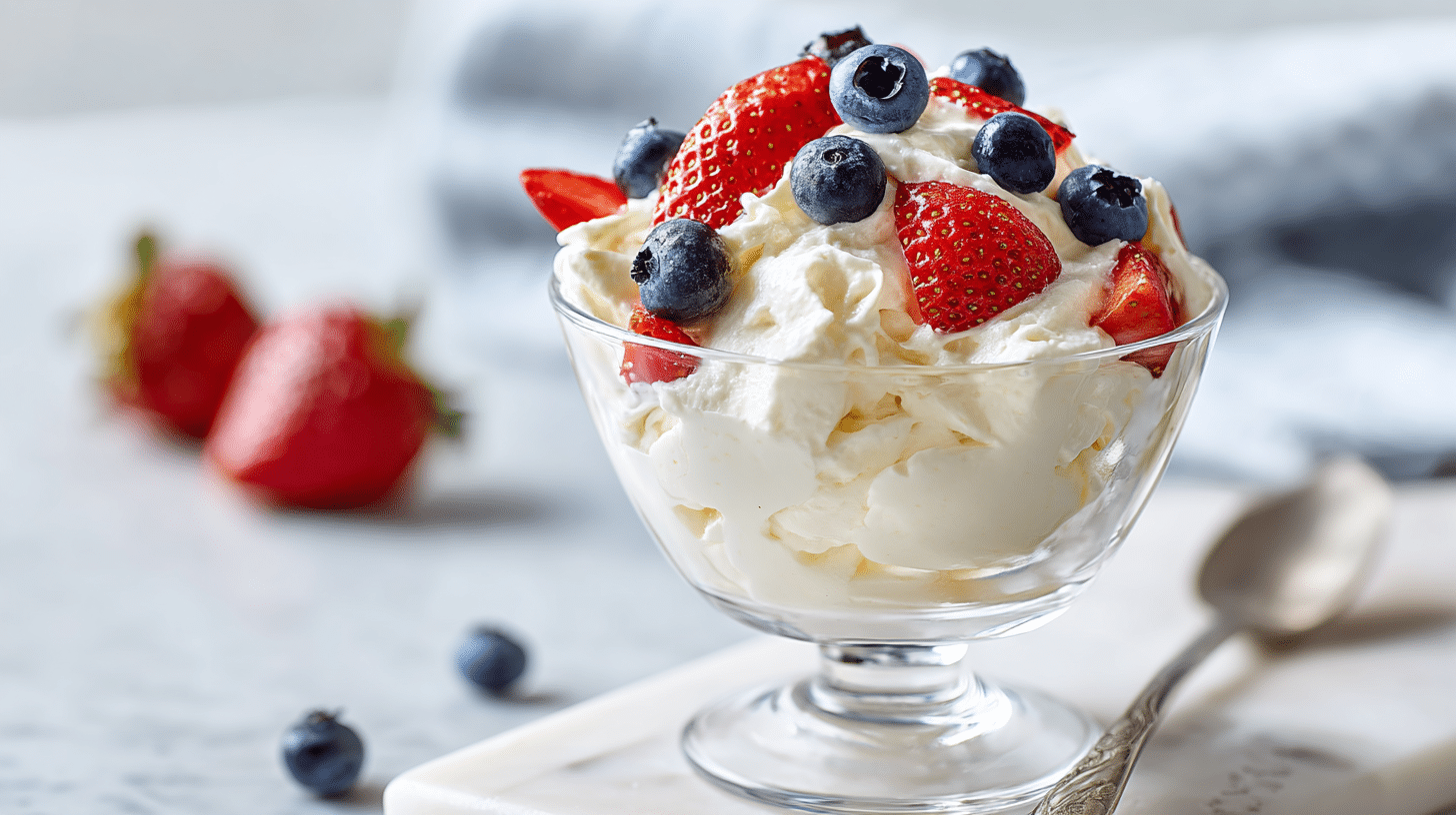 Creamy Greek yogurt pudding fluff dessert topped with fresh berries in a glass bowl.