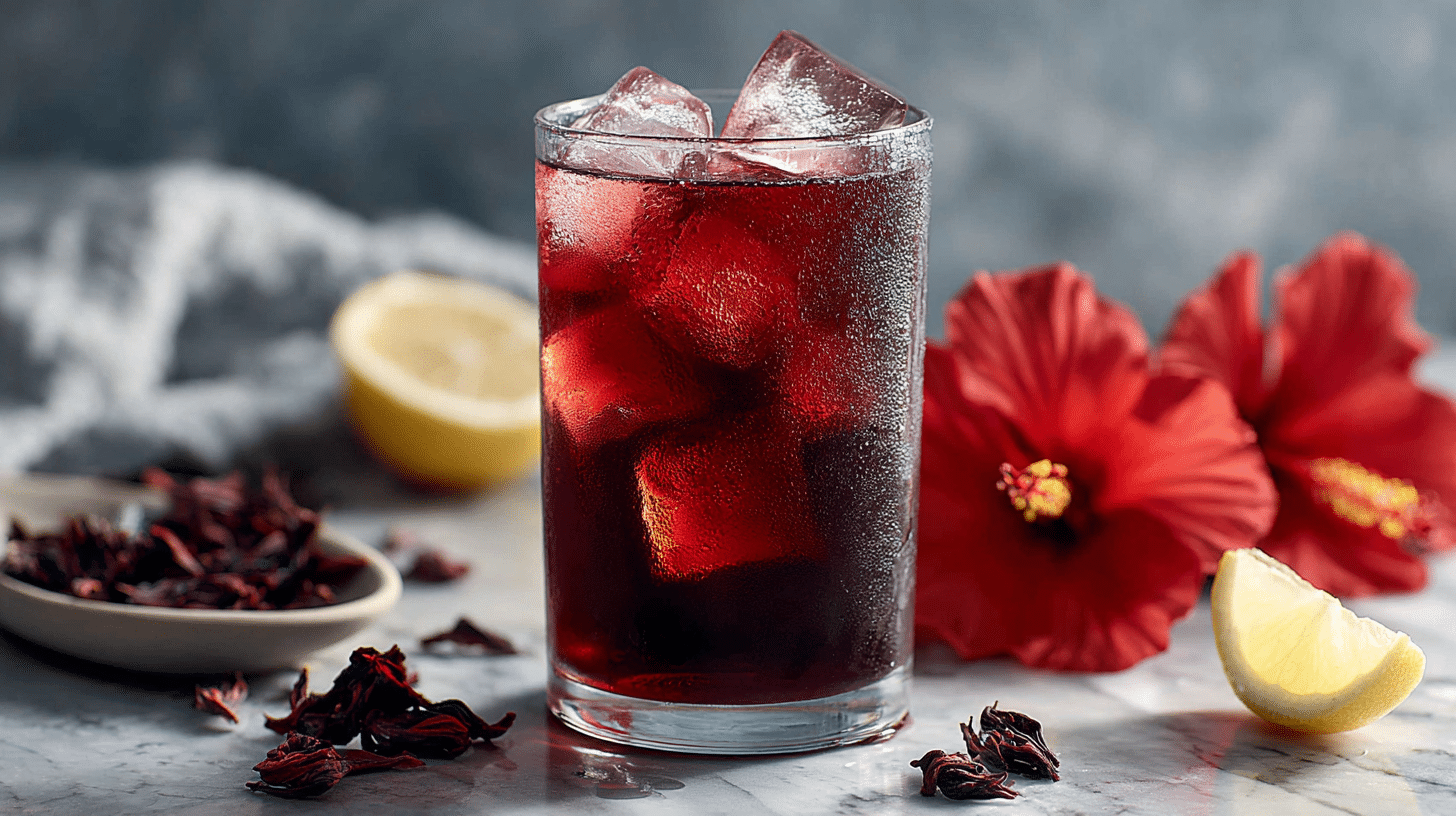Hibiscus iced tea in glass with lemon slices and deep red color