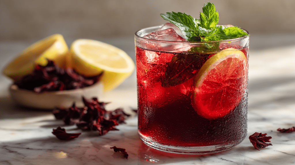 Iced herbal detox tea with hibiscus mint and lemon served over ice