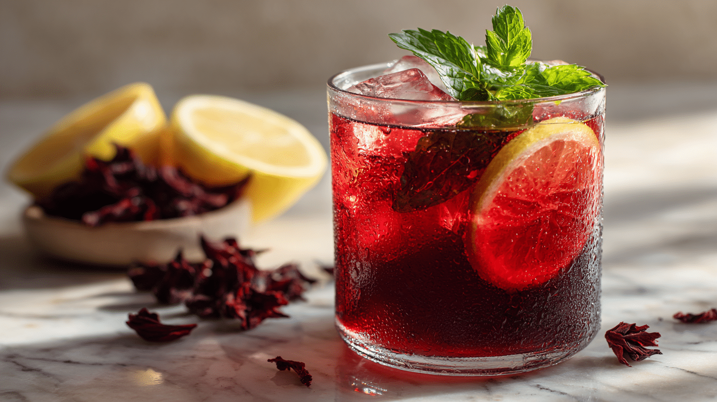 Iced herbal detox tea with hibiscus mint and lemon served over ice