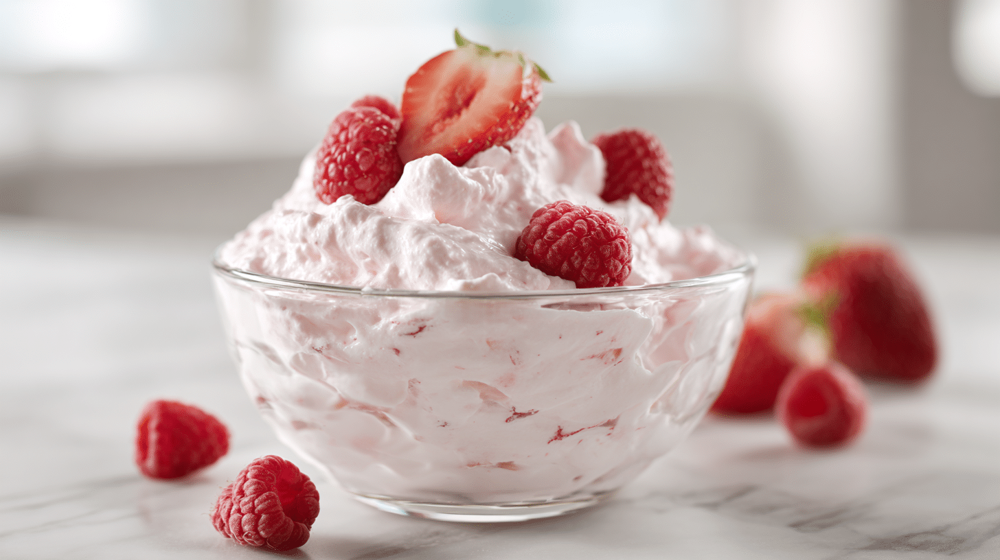 Creamy pink jello yogurt fluff dessert topped with strawberries in glass bowl.