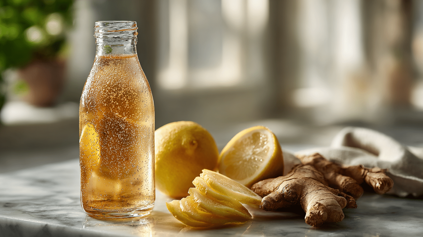 Low-sugar kombucha probiotic drink in glass bottle with lemon and ginger