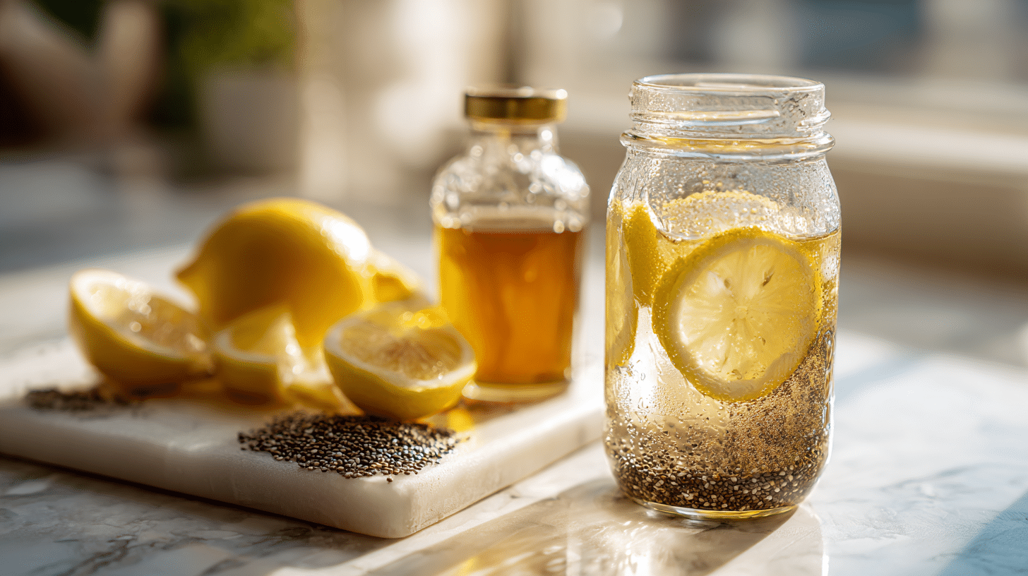 Overnight fat burning drink with chia seeds and apple cider vinegar in glass jar
