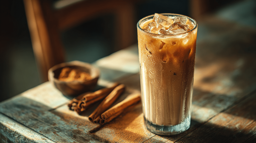 Protein chai over ice low sugar iced chai latte with cinnamon garnish