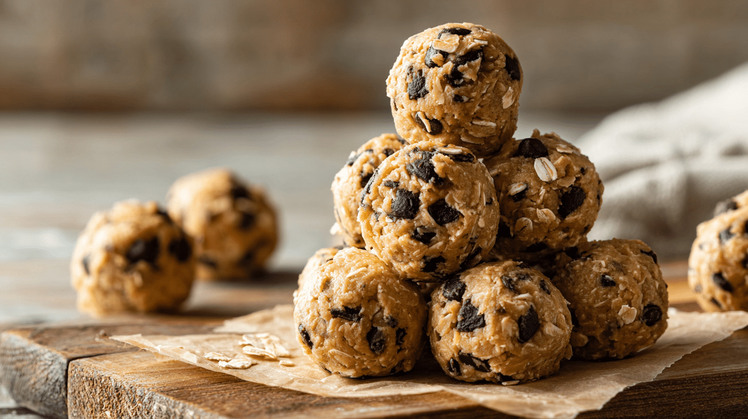No-bake protein cookie dough balls with chocolate chips on parchment paper.