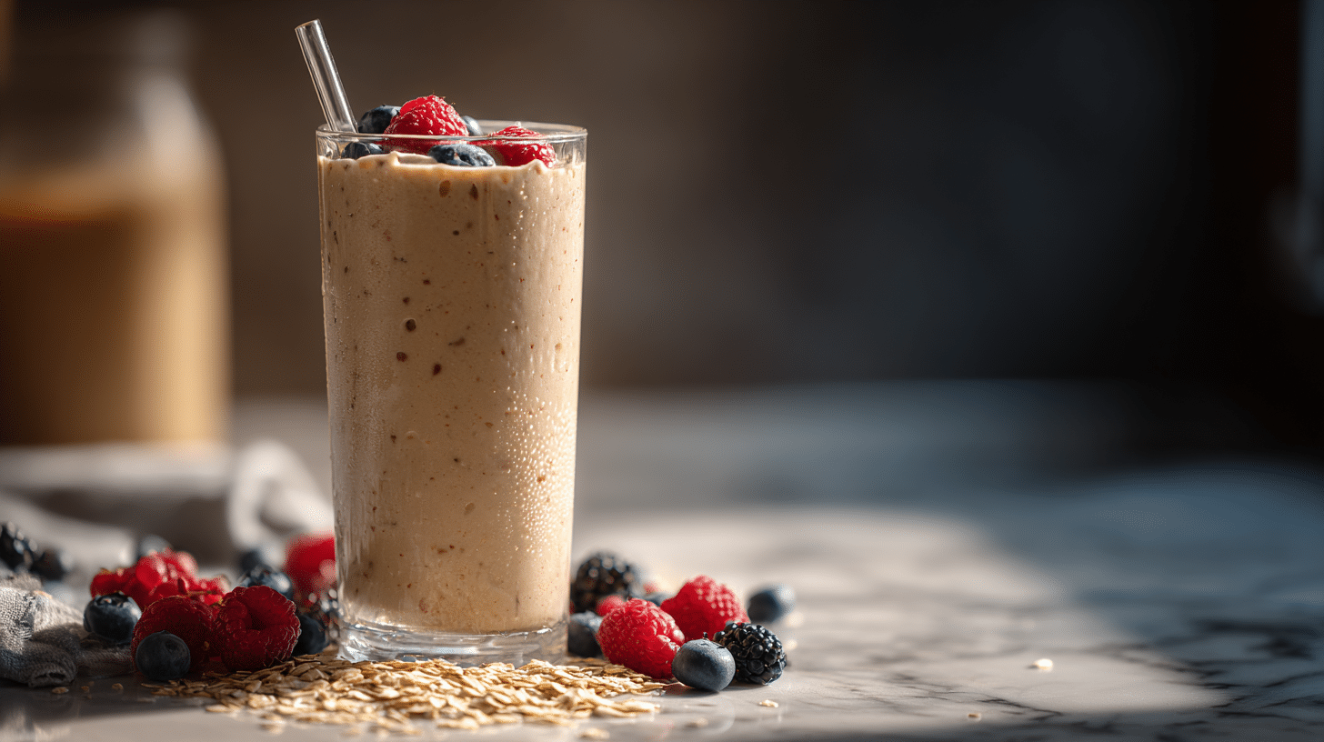Protein fruit smoothie with oats and berries in a tall glass