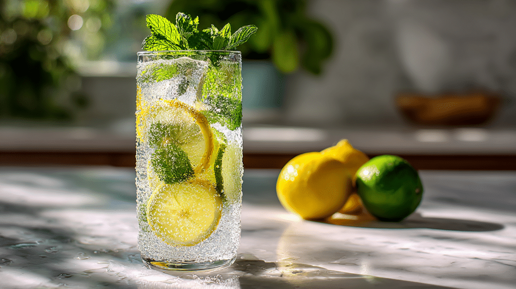 Sparkling water mocktail for weight loss with lemon, lime and mint in a tall glass